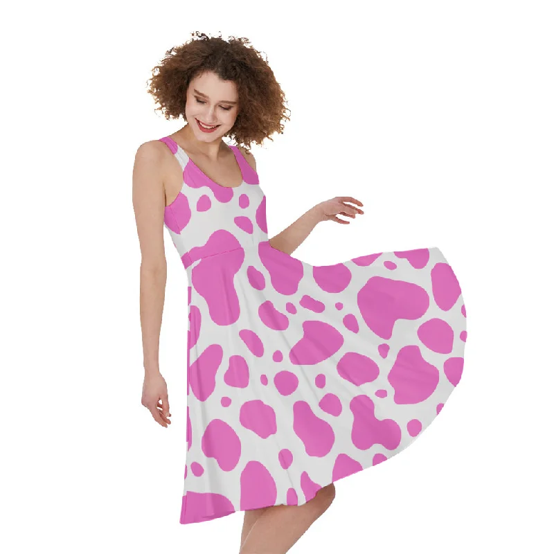 Pink And White Cow Print Sleeveless Knee Length Dress