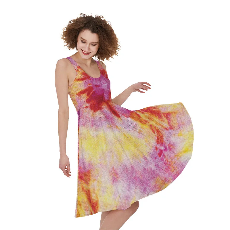 Pink And Yellow Tie Dye Print Sleeveless Knee Length Dress