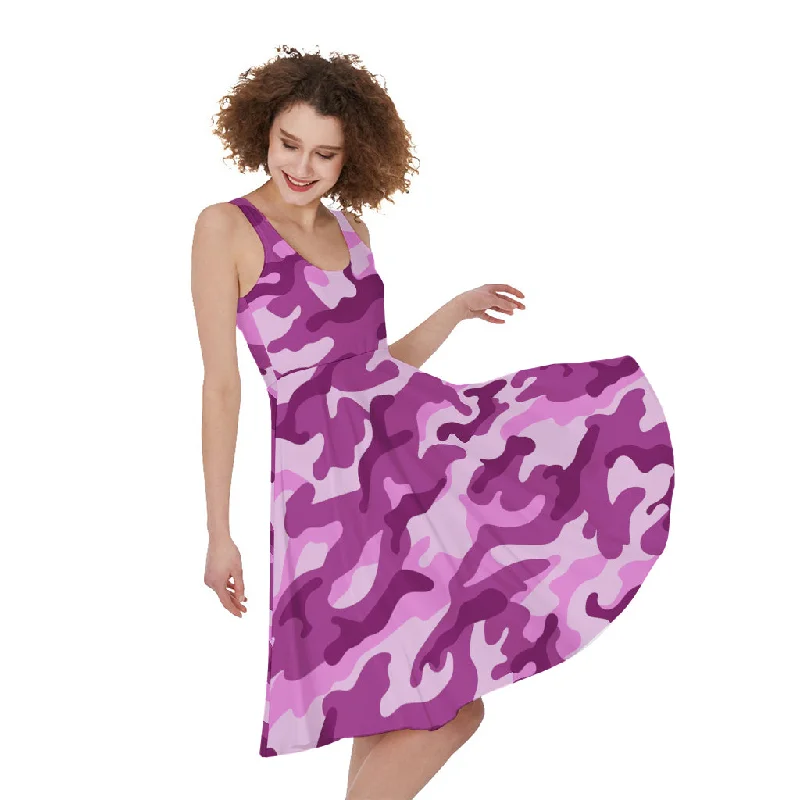 Pink Camouflage Print Sleeveless Knee Length Dress