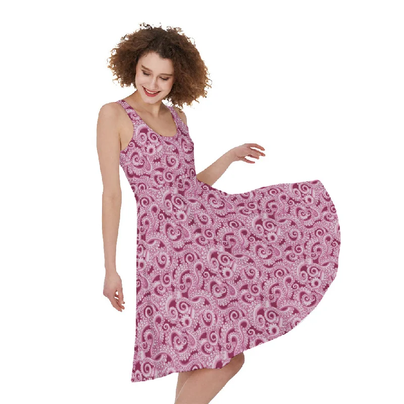 Pink Octopus Tentacles Pattern Print Sleeveless Knee Length Dress