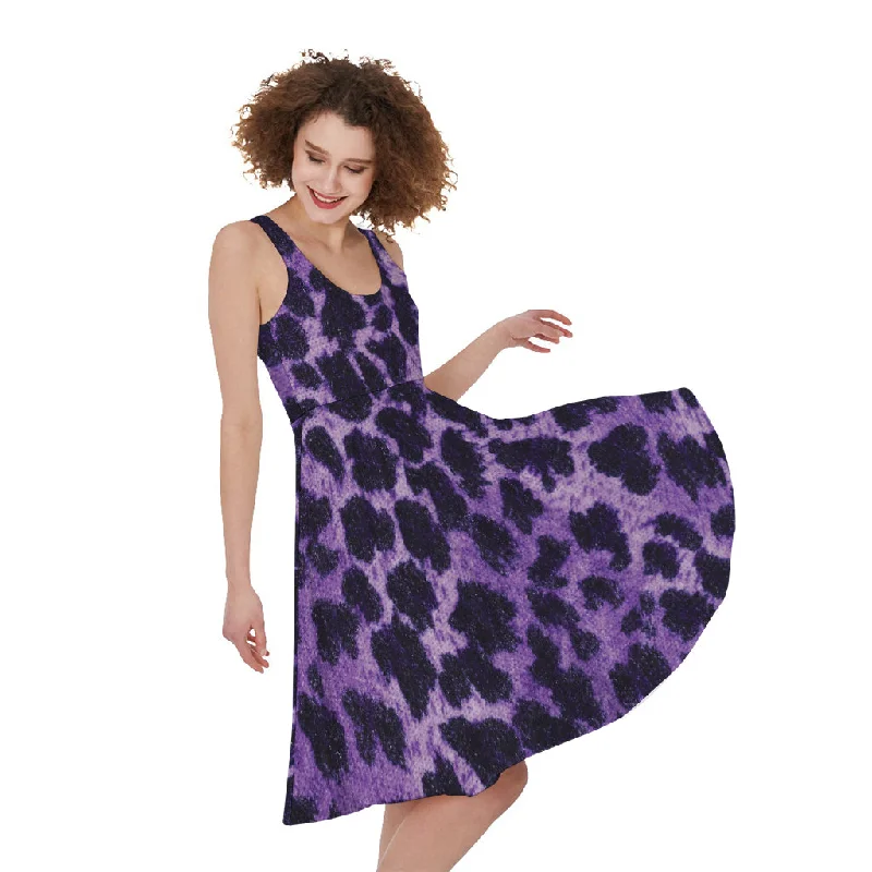 Purple And Black Cheetah Print Sleeveless Knee Length Dress