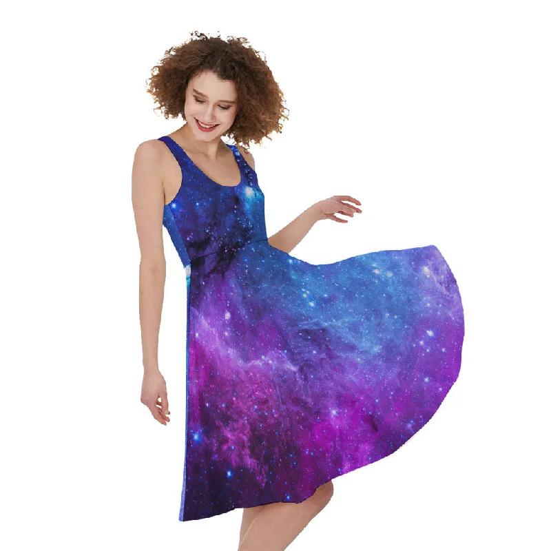 Purple Galaxy Space Blue Starfield Print Sleeveless Knee Length Dress