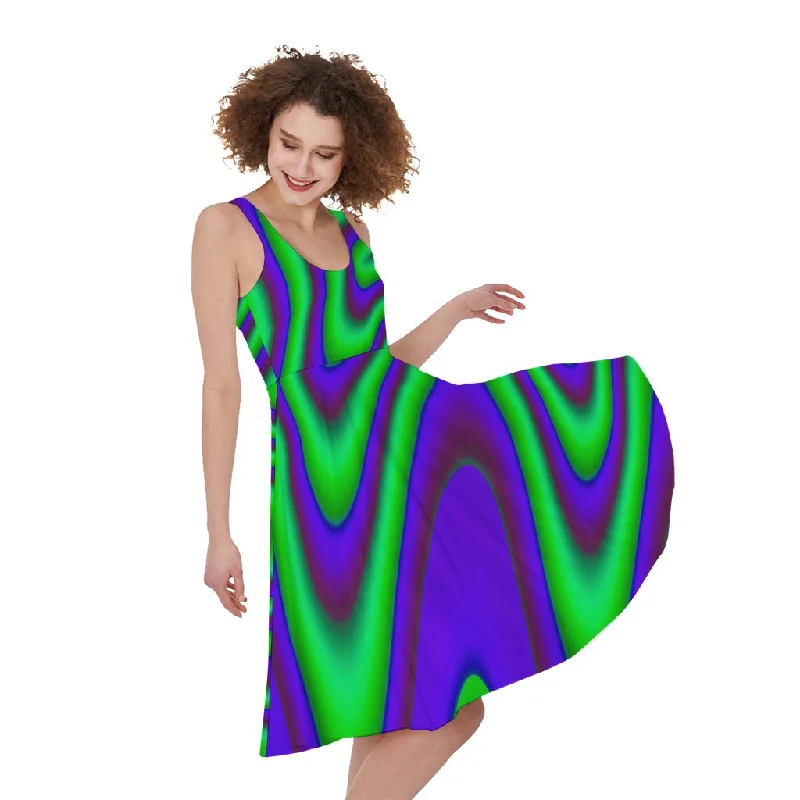 Purple Green Psychedelic Trippy Print Sleeveless Knee Length Dress