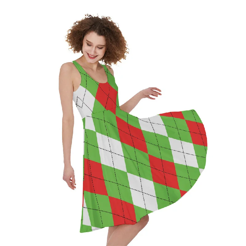 Red Green And White Argyle Pattern Print Sleeveless Knee Length Dress