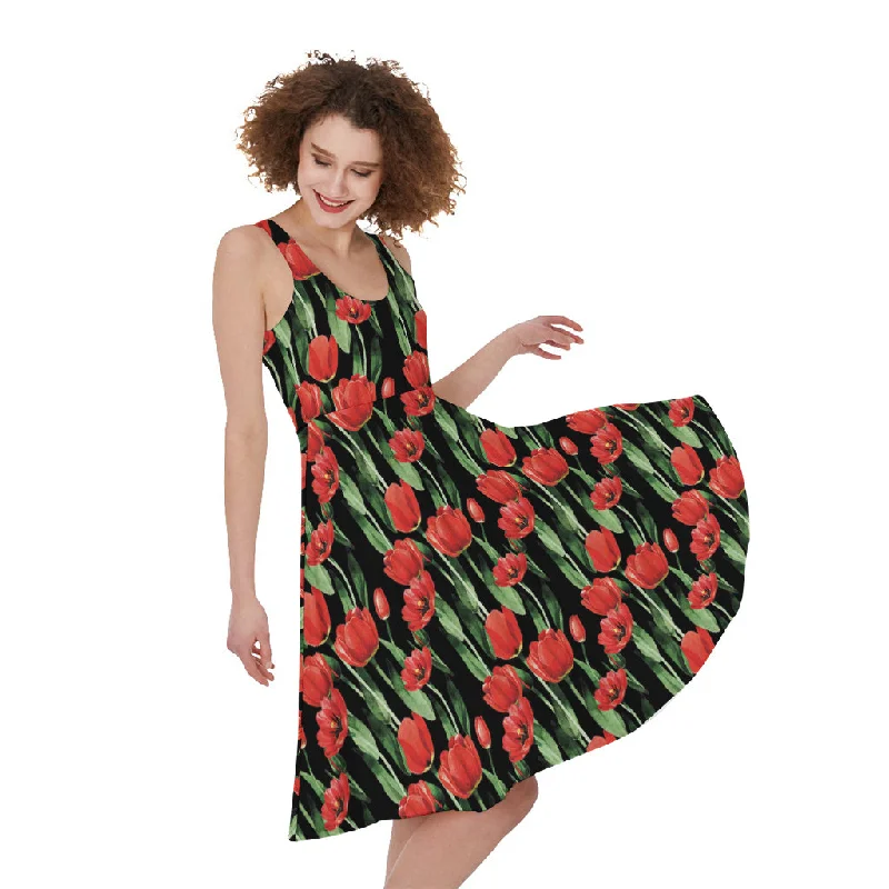 Red Watercolor Tulip Pattern Print Sleeveless Knee Length Dress