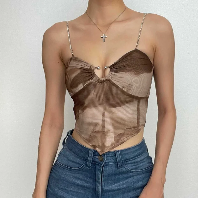 Ruched metal chain sheer mesh see through tie dye crop top