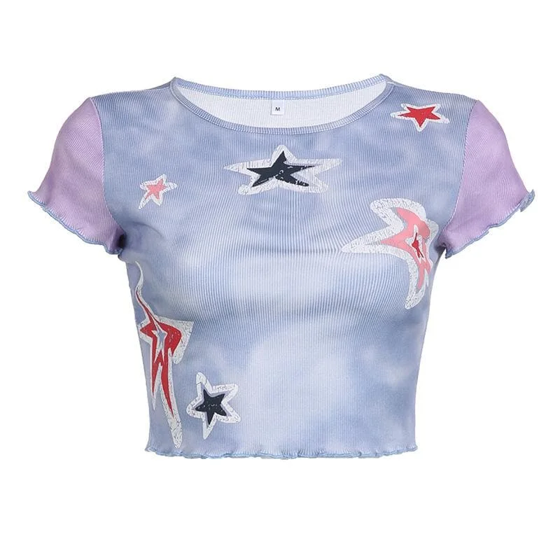 Ruffle star pattern contrast cap sleeve tie dye crop top