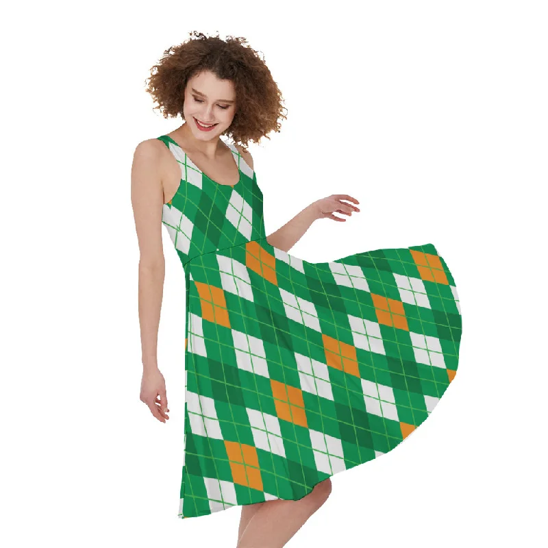 Saint Patrick's Day Argyle Pattern Print Sleeveless Knee Length Dress