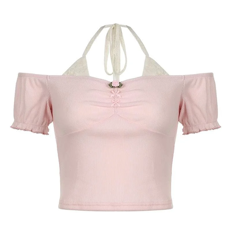 Short puff sleeve off shoulder halter ribbed top