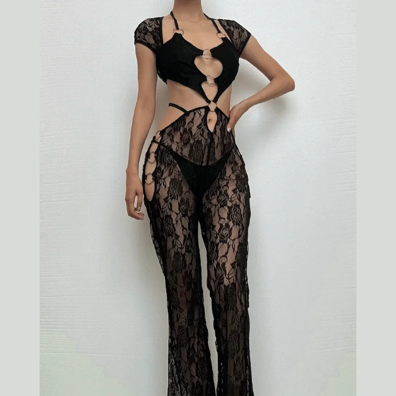 Short sleeve halter o ring lace hollow out jumpsuit