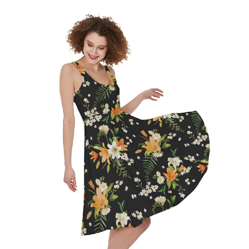 Spring Lily Flowers Pattern Print Sleeveless Knee Length Dress