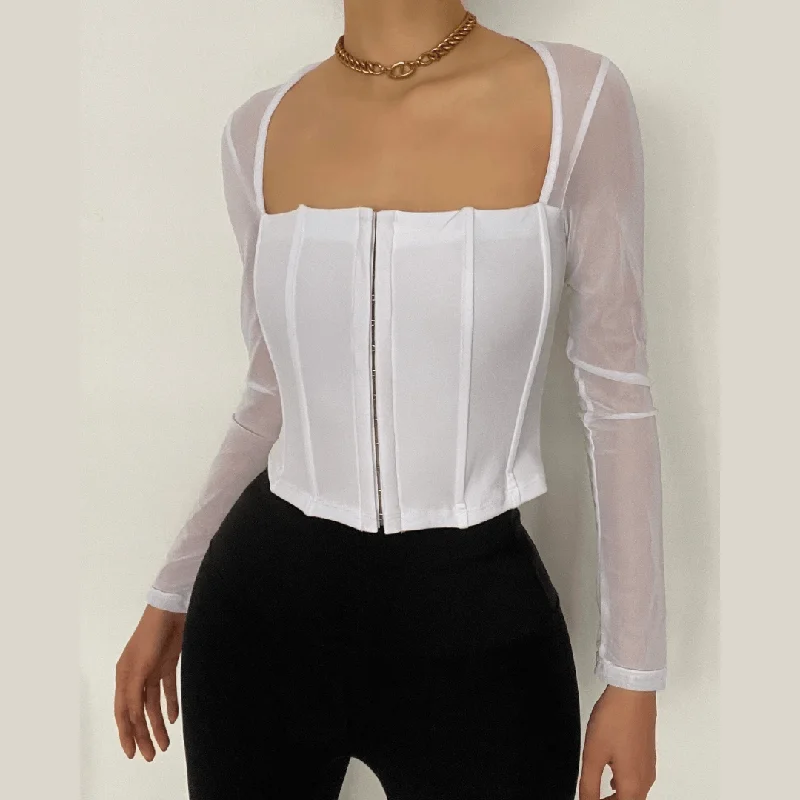 Square neck buttoned mesh long sleeve crop top