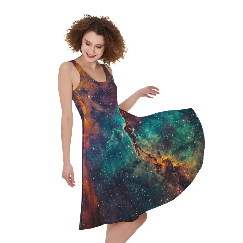 Teal Orange Universe Galaxy Space Print Sleeveless Knee Length Dress