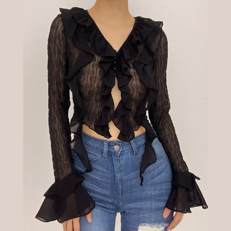 Textured solid long sleeve halter v neck ruffle flared sleeve crop top