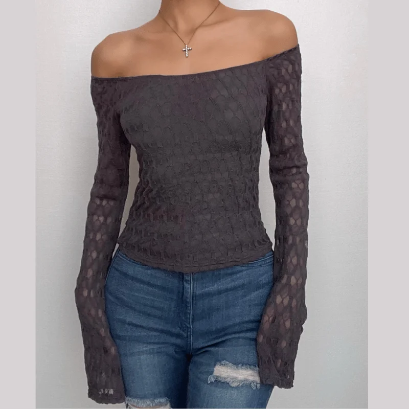 Textured solid off shoulder long sleeve top