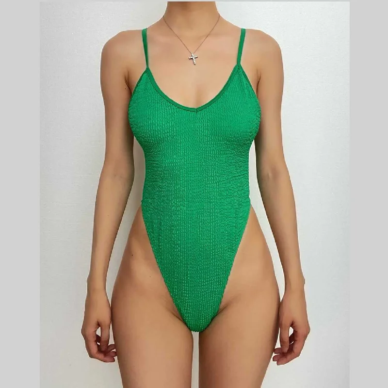 Textured v neck solid padded backless one piece swimwear