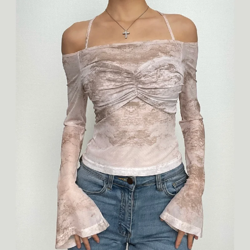 Tie dye off shoulder ruched halter contrast long sleeve top