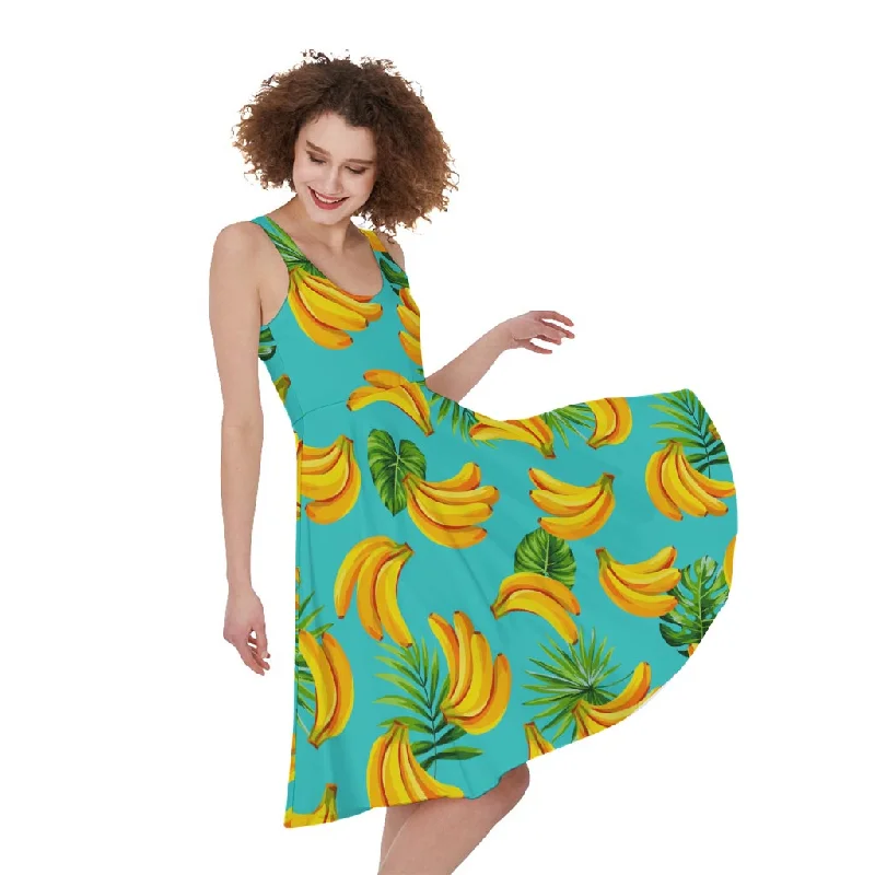 Tropical Banana Leaf Pattern Print Sleeveless Knee Length Dress