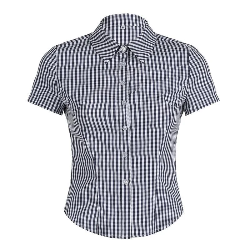 Turnover collar short sleeve plaid print button top