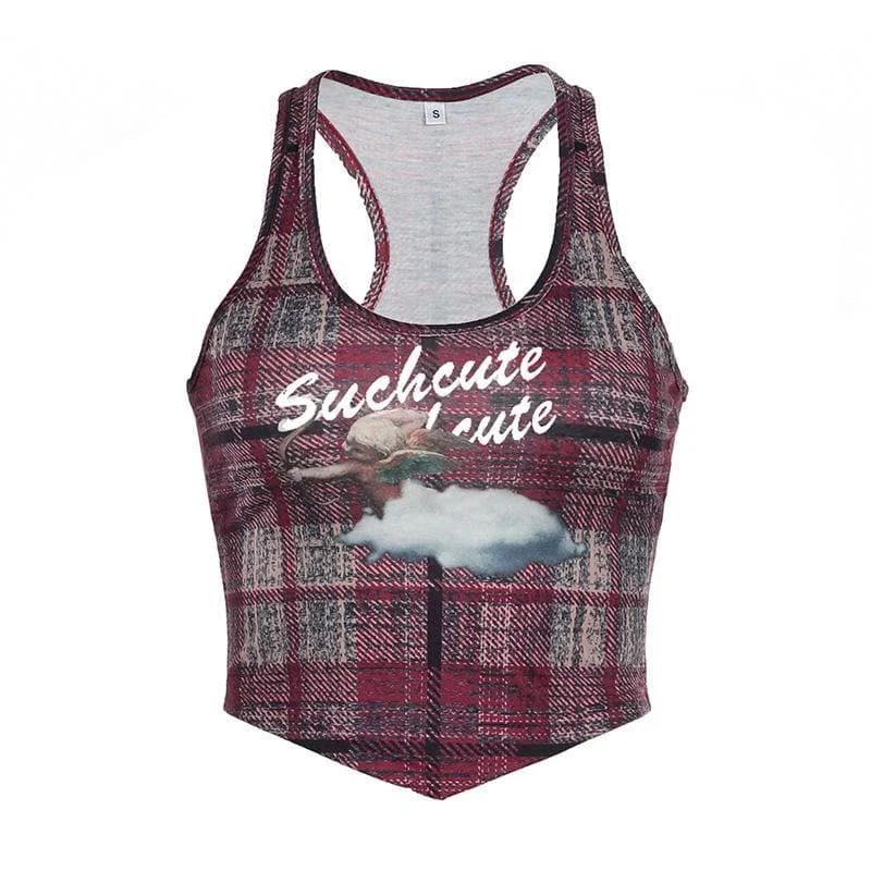 U neck plaid print tank top