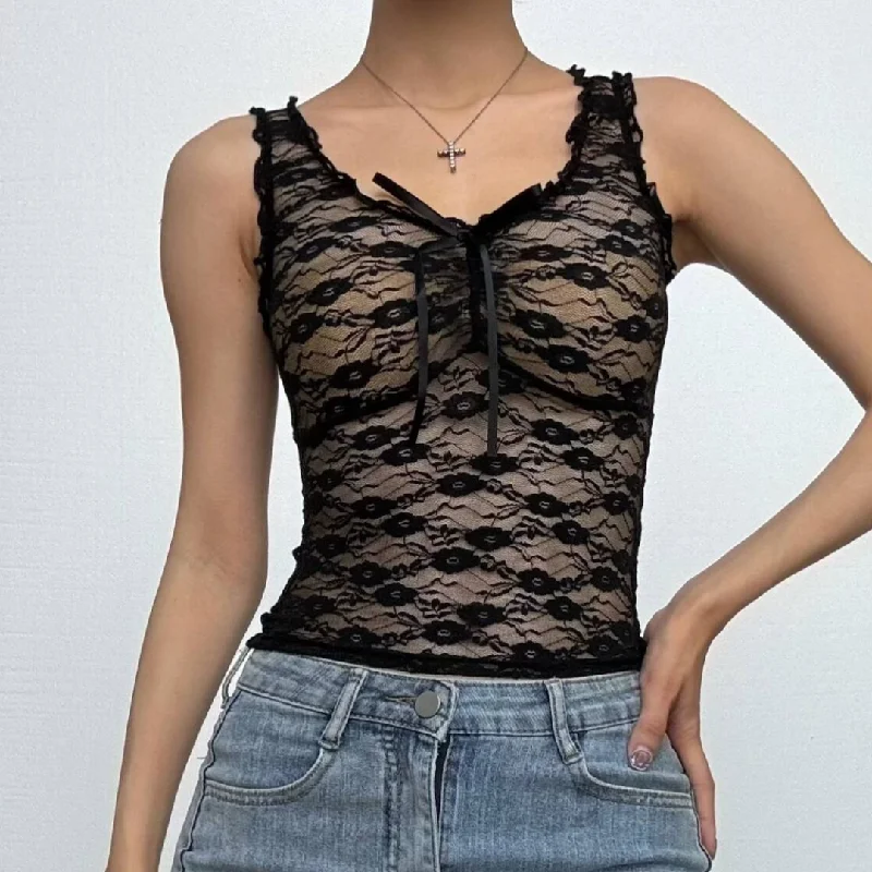 U neck ruffle lace bowknot see through crop top