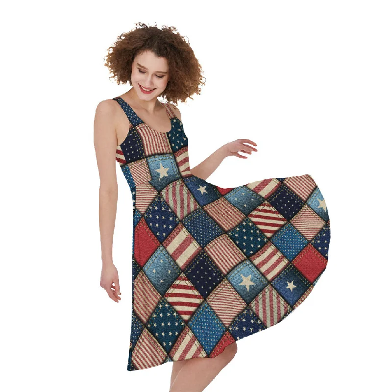 USA Denim Patchwork Pattern Print Sleeveless Knee Length Dress