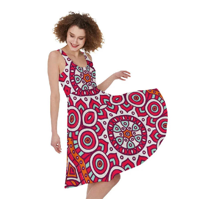 Vintage Indian Mandala Print Sleeveless Knee Length Dress