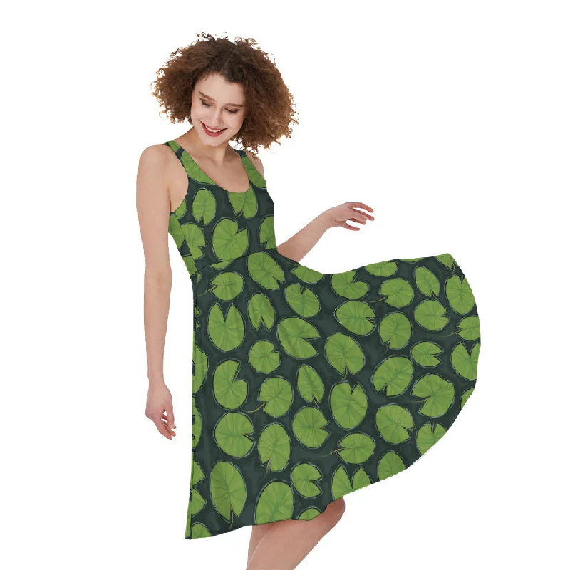 Water Lily Pads Pattern Print Sleeveless Knee Length Dress