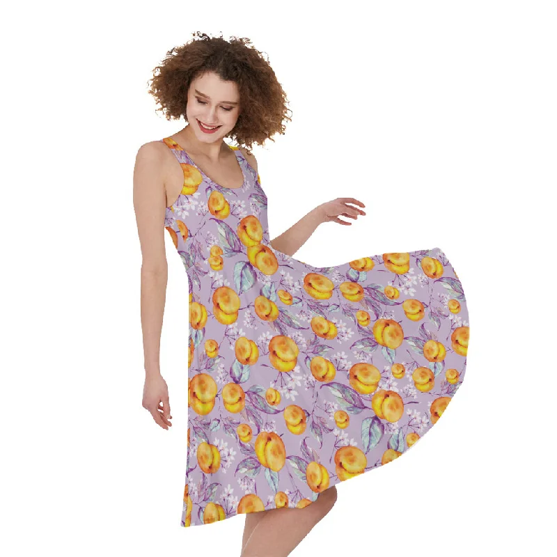 Watercolor Apricot Fruit Pattern Print Sleeveless Knee Length Dress