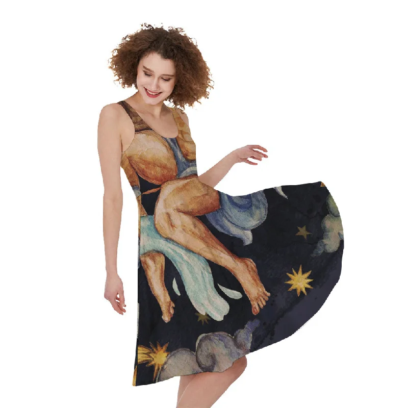 Watercolor Aquarius Zodiac Sign Print Sleeveless Knee Length Dress