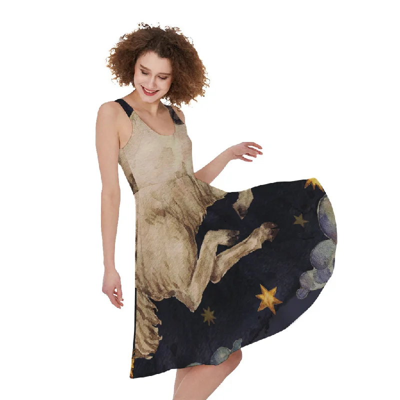 Watercolor Aries Zodiac Sign Print Sleeveless Knee Length Dress