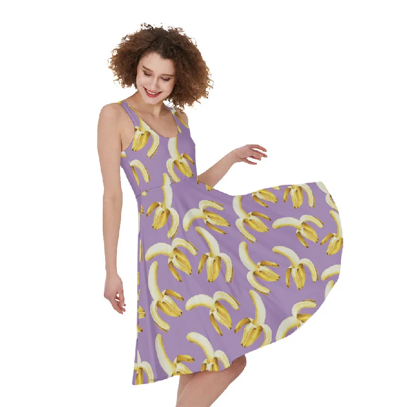 Watercolor Banana Pattern Print Sleeveless Knee Length Dress