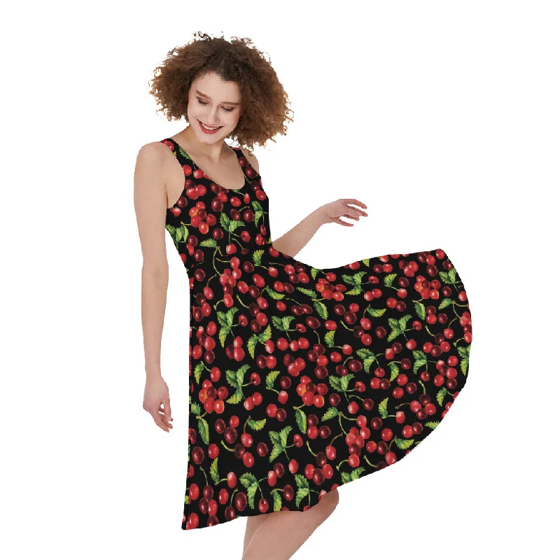 Watercolor Cherry Pattern Print Sleeveless Knee Length Dress