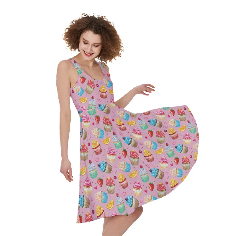 Watercolor Cupcake Pattern Print Sleeveless Knee Length Dress