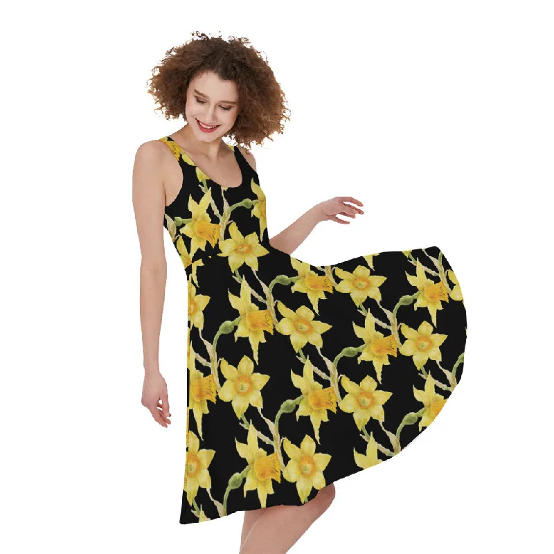 Watercolor Daffodil Flower Pattern Print Sleeveless Knee Length Dress