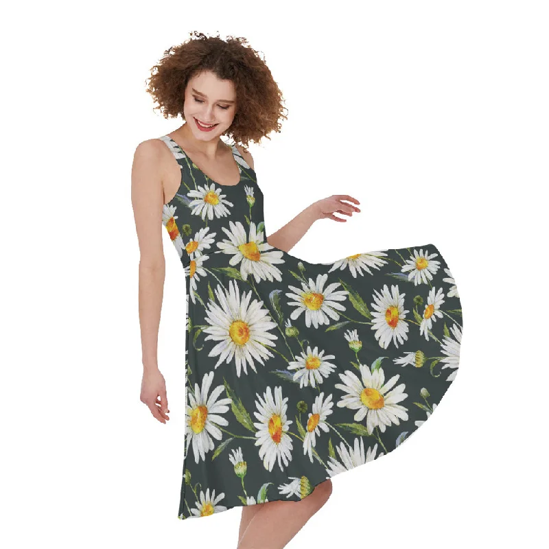 Watercolor Daisy Flower Pattern Print Sleeveless Knee Length Dress