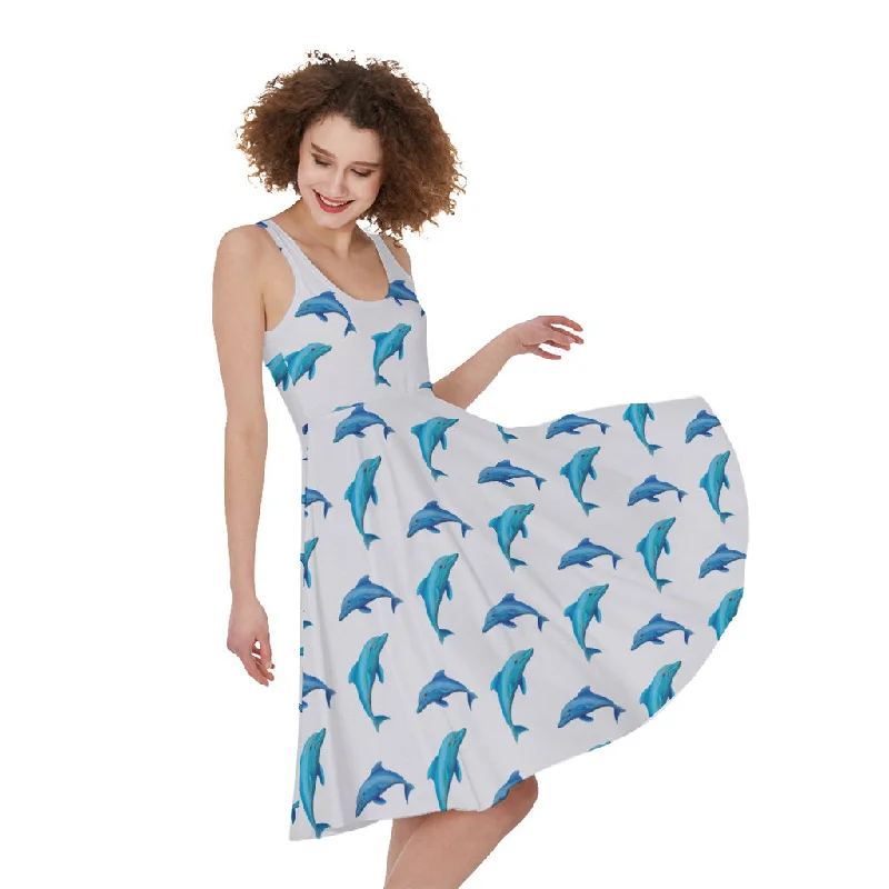 Watercolor Dolphin Pattern Print Sleeveless Knee Length Dress