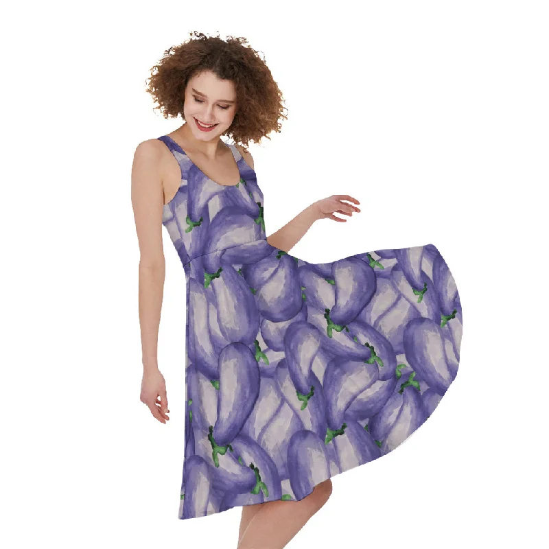 Watercolor Eggplant Print Sleeveless Knee Length Dress