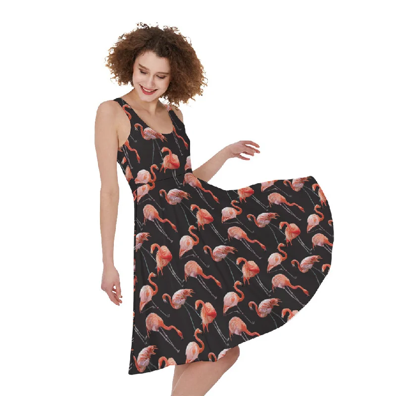 Watercolor Flamingo Pattern Print Sleeveless Knee Length Dress