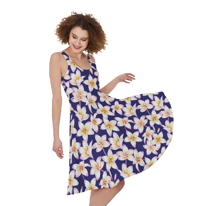 Watercolor Frangipani Flower Print Sleeveless Knee Length Dress