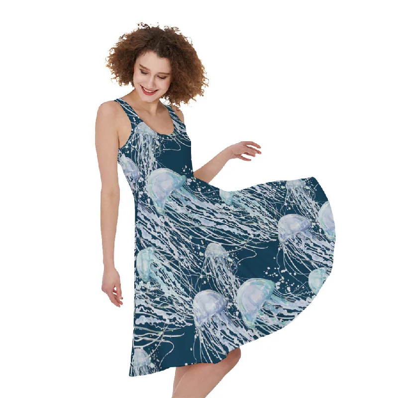 Watercolor Jellyfish Pattern Print Sleeveless Knee Length Dress