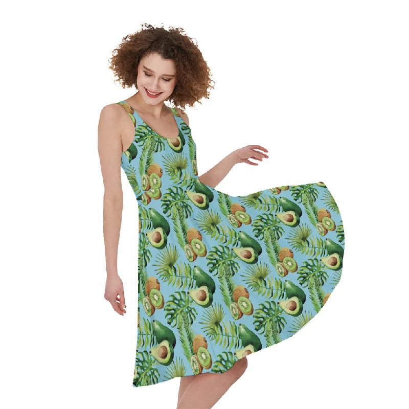 Watercolor Kiwi And Avocado Print Sleeveless Knee Length Dress