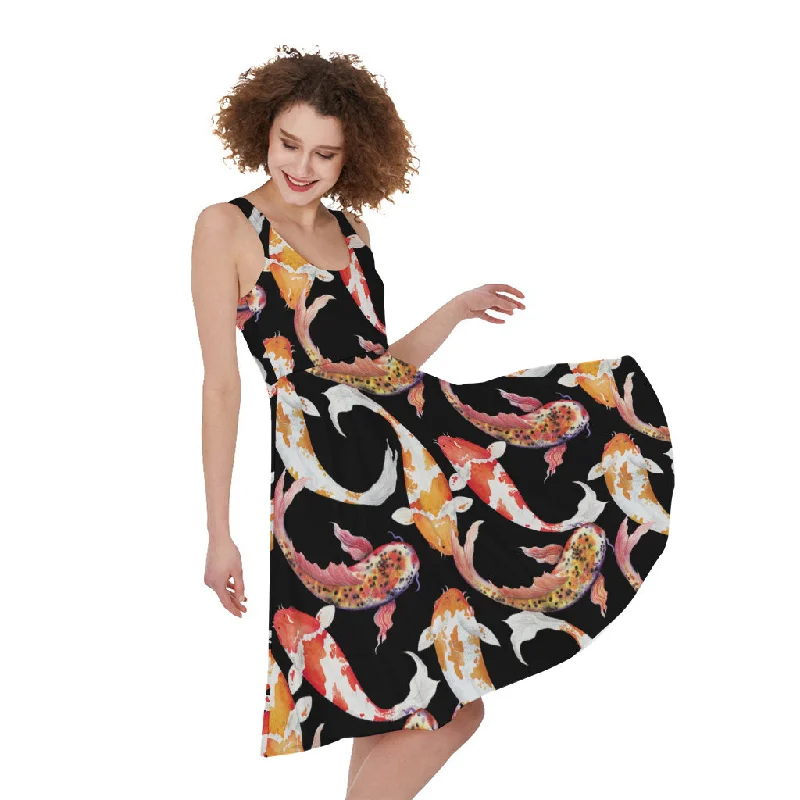 Watercolor Koi Carp Fish Pattern Print Sleeveless Knee Length Dress