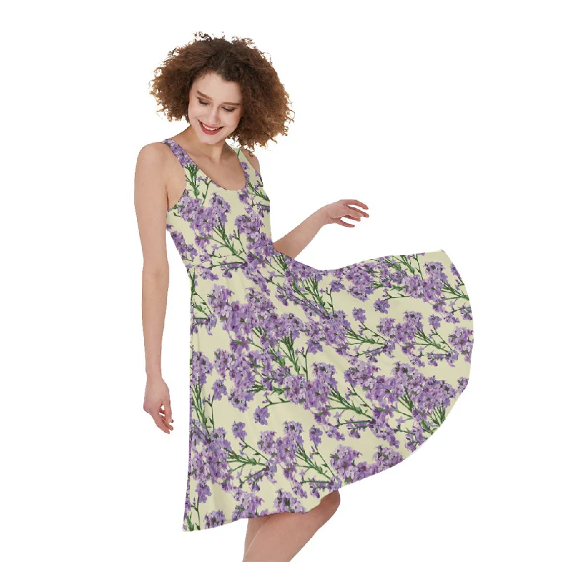 Watercolor Lavender Pattern Print Sleeveless Knee Length Dress