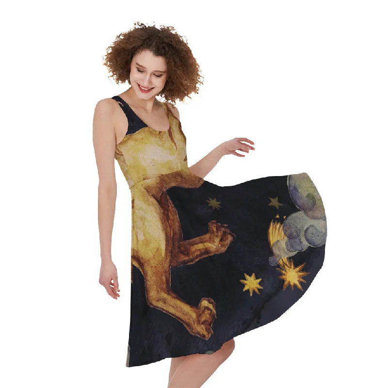 Watercolor Leo Zodiac Sign Print Sleeveless Knee Length Dress