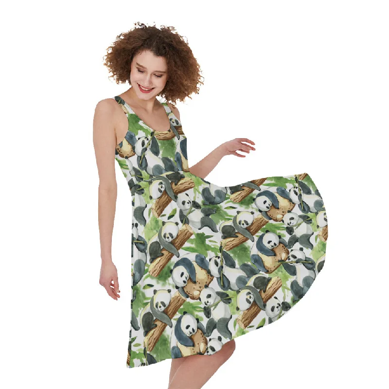 Watercolor Panda Bear Pattern Print Sleeveless Knee Length Dress