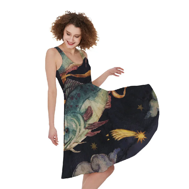 Watercolor Pisces Zodiac Sign Print Sleeveless Knee Length Dress