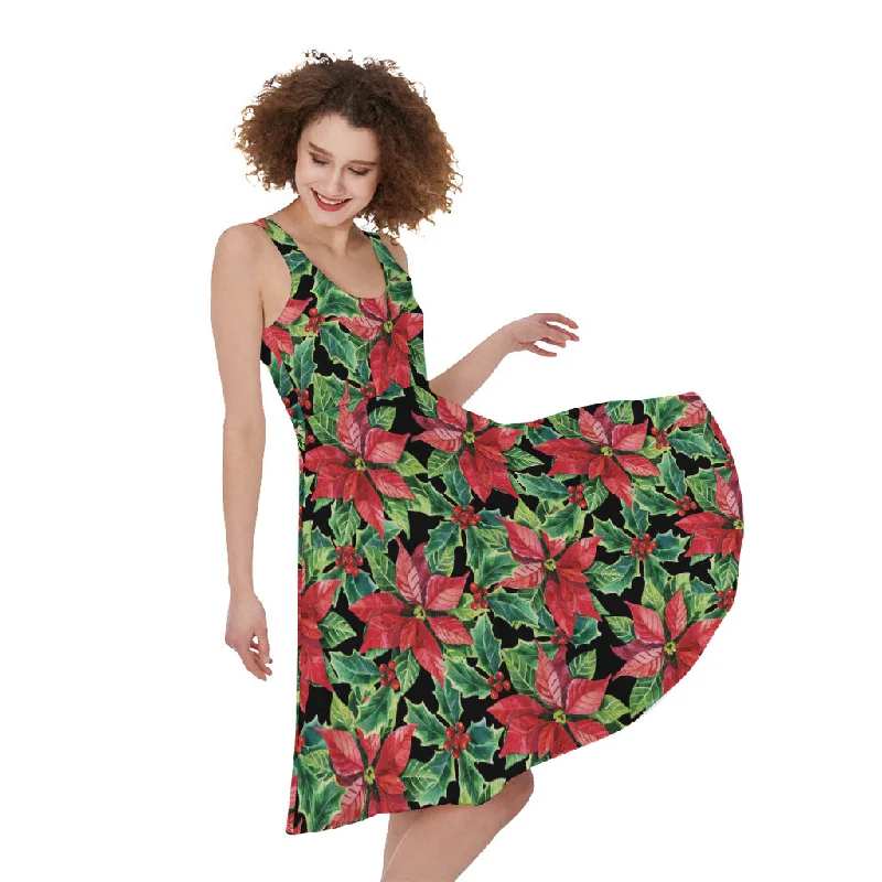 Watercolor Poinsettia Pattern Print Sleeveless Knee Length Dress