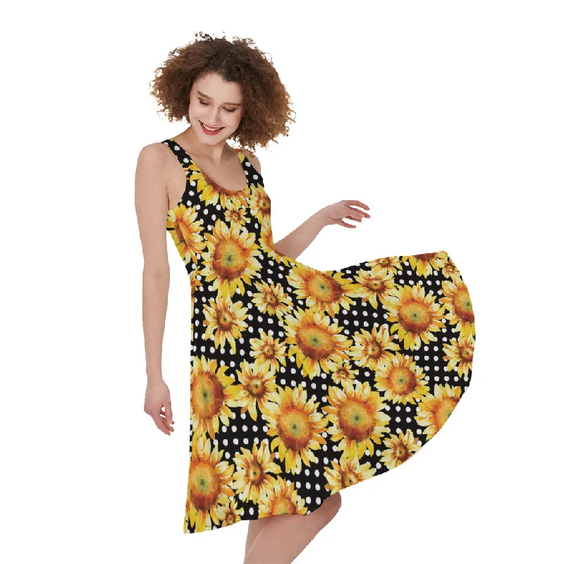 Watercolor Polka Dot Sunflower Print Sleeveless Knee Length Dress