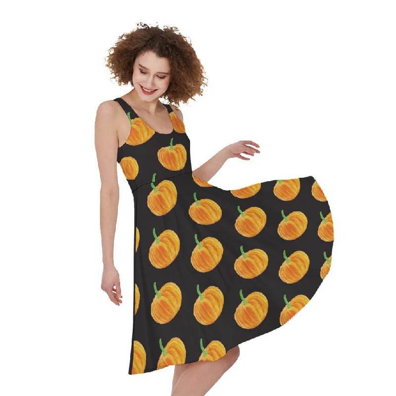 Watercolor Pumpkin Pattern Print Sleeveless Knee Length Dress